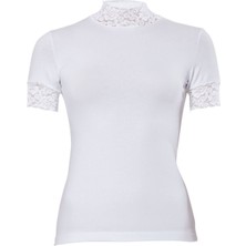 Anıt 2180 Kadın Beyaz Dantelli Balıkçı T-Shirt