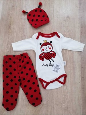 Minibird Uğur Böceği Figürlü Pantolon Badili Zıbın & Şapka 3 Parça Takım