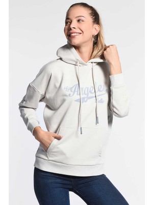 AUBURN Krem Kapüşonlu Baskılı Kadın Sweatshirt