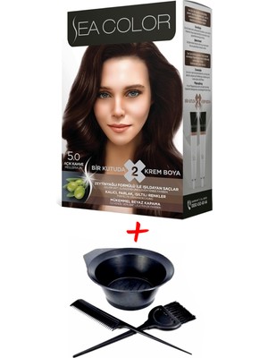 Sea Color Krem Saç Boyası 5.0 Açık Kahve 2 Tüplü Set + Boyama Seti