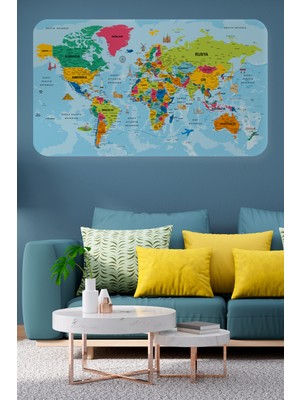 Harita Sepeti Türkçe Eğitici Ülke ve Başkent Okyanus Detaylı Atlası Dekoratif Dünya Haritası Duvar Sticker 3865