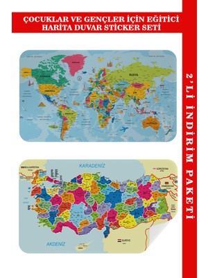 Harita Sepeti Eğitici ve Öğretici Dünya ve Türkiye Haritası Çocuk Odası Duvar Sticker