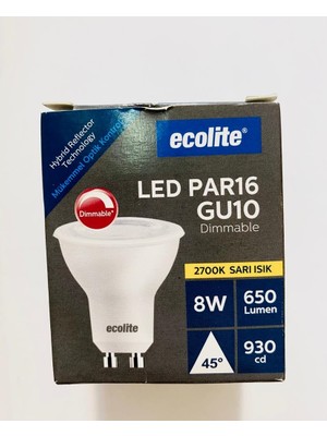 Ecolite  PAR16 GU10 2700K Sarı Işık 8W  650 Lumen Dim Edilebilir LED Ampül  3 Adet