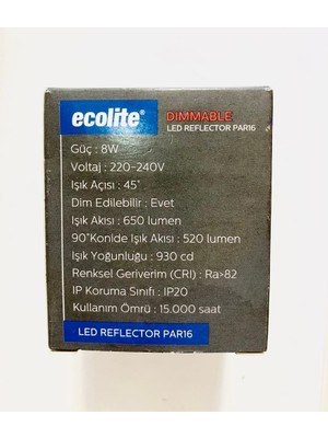 Ecolite  PAR16 GU10 2700K Sarı Işık 8W  650 Lumen Dim Edilebilir LED  Ampül  5 Adet