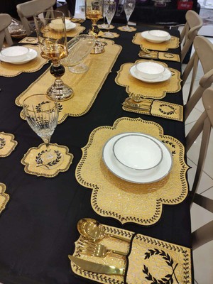 Dolce Mariee - 19 Parça Amerikan Servis ve Runner Set Gold - Siyah