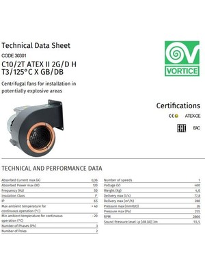 C Atex Santrifüj Exproof Fan 280 M3/h Ses Seviyesi 55.5 Vortice Atex Direktifi 94/9/ec Kanal Tipi Havalandırma Fanı Imq Onaylı Agmair Agm Hava