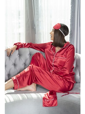 For You Moda Kadın Saten 7 li Büstiyerli Kırmızı Pijama Takımı S26763