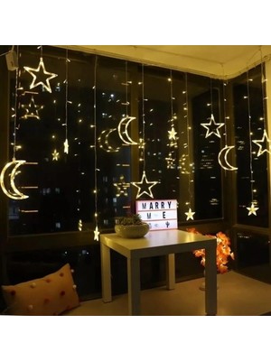 Mobgift Animasyonlu LED Işıklı Eklemeli Ay Yıldız Perde 2,80 x 75 (Beyaz)