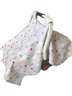 Beybinest Oeko Belgeli Gri Muslin Kumaş Çıtçıtlı Puset Örtüsü – Bulut ve Hayvan Desenli, Bebek Arabası ve Ana Kucağı İçin