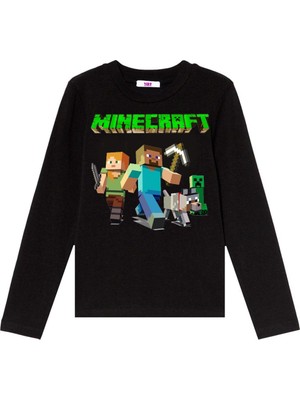 TakeTshirt Minecraft Uzun Kol Çocuk Tişört Siyah