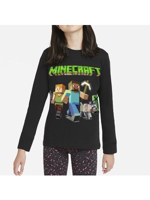 TakeTshirt Minecraft Uzun Kol Çocuk Tişört Siyah