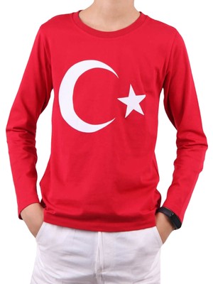 Notte Rossa Uzun Kollu Kırmızı T-Shirt Ay Yıldız Baskılı Erkek Çocuklar İçin Şık Tasarım