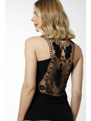 Hmd 2463 Siyah Pamuklu Rahat Doku Sırt Dantel Detaylı Dantel Askılı Kadın Atlet