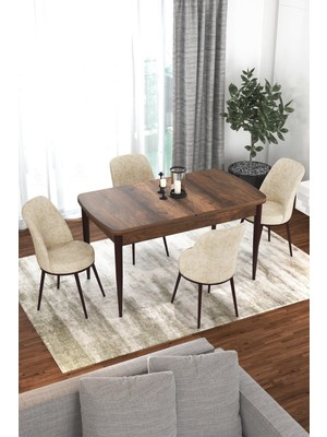 Canisa Concept Via Serisi 80 x 132 Açılabilir Barok Ahşap Desen Mutfak Masa Takımı+4 Adet Sandalye