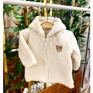 Renkli Puset Peluş Polar Bebek Kapşonlu Fermuarlı Hırka Wellsoft Ekru