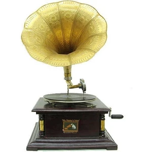 Otantik Çarşı Ahşap Kare Gramofon Sarı Metal Süslemeli