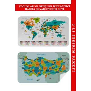 Harita Sepeti Eğitici - Öğretici Dünya ve Türkiye Haritası Çocuk Odası Duvar Sticker I 3887