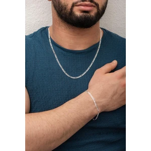 In Dubai Silver 925 Ayar Gümüş Erkek Figaro 55 cm Zincir Kolye Bileklik 21CM Set DBSE-SLVR0028