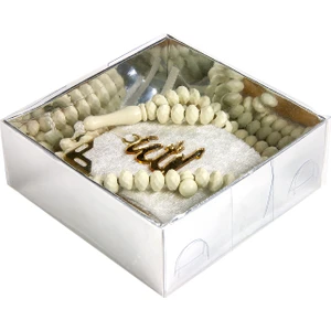 İhvan Online Kadife Kaplı Mini Kuran Kutulu - Tesbihli - Krem