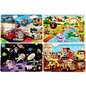 Woody Life Woodylife 4 Adet Uzay Üstü, Nehirde Yüzen Hayvanlar, Iş Makineleri, Itfaye Ambulas Ahşap Puzzle Seti 35 Parça