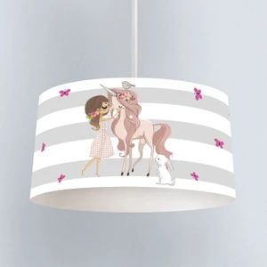 Unicorn Kız ve Tavşan Desenli Çocuk Odası Dijital Baskılı Sarkıt Avize