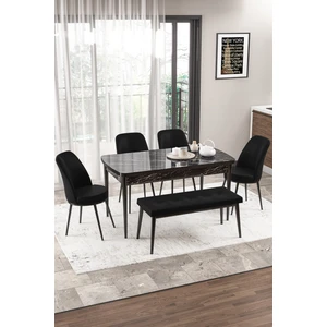 Concept Canisa Via Serisi Bench'li 80X132 Açılabilir 1.sınıf  Siyah Mermer Desen Mutfak Masası Takımı