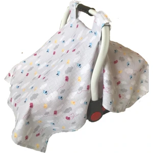 Oeko Belgeli Gri Muslin Kumaş Çıtçıtlı Puset Örtüsü – Bulut ve Hayvan Desenli, Bebek Arabası ve Ana Kucağı İçin