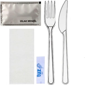 1001 Ambalaj YEMEK SETİ ÇATAL BIÇAK ISLAK MENDİL PEÇETE TUZ KÜRDAN 100 ADET