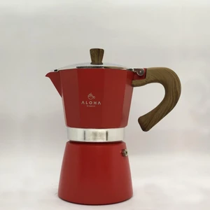 Ahşap Kulplu 3 Cups Moka Pot - 180 ml Moka Pot 3 Cups-Moka Pot Kırmızı ALOHA3CUPS