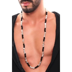 Erkek Antik Gümüş Kaplama Asimetrik Parçalı Siyah Boncuk Detaylı Kolye