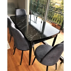 Concept Canisa Via Açılabilir Siyah Mermer Desen  Mutfak Masası Takımı Masa+4  Füme Sandalye