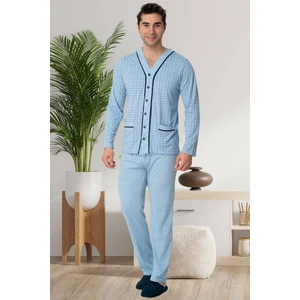 Mecit 22767 Mavi Önden Düğmeli Büyük Beden Erkek Pijama Takımı