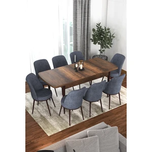 Concept Via Serisi 80 x 132 cm  Açılabilir Barok Ahşap Desen Mutfak Masa Takımı + 8 Adet Sandalye
