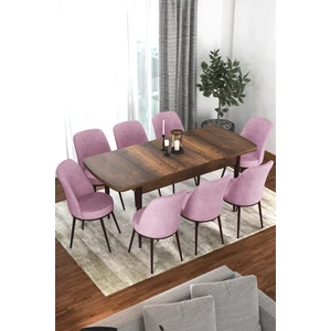 Concept Via Serisi 80 x 132 cm  Açılabilir Barok Ahşap Desen Mutfak Masa Takımı + 8 Adet Sandalye