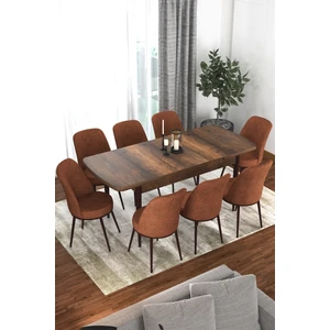 Concept Via Serisi 80 x 132 cm  Açılabilir Barok Ahşap Desen Mutfak Masa Takımı + 8 Adet Sandalye