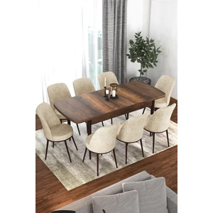 Concept Via Serisi 80 x 132 cm  Açılabilir Barok Ahşap Desen Mutfak Masa Takımı + 8 Adet Sandalye