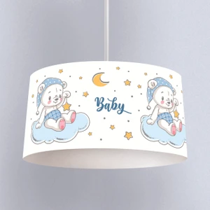 Beyaz Bebek Ayı Desenli Çocuk Odası Dijital Baskılı Sarkıt Avize