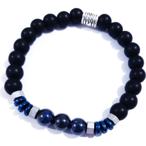 Funny Takı Mat Gümüş Rengi ve Parlak Lacivert Hematit Taşlı Erkek Bileklik