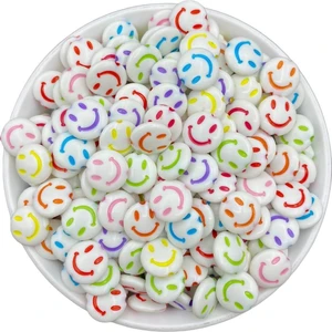 Hedef Bijuteri 14MM Beyaz Zemin Üzeri Renkli Yassı Smile,gülen Surat, Gülen Yüz Boncuk (25 Gr, ~45 Adet)