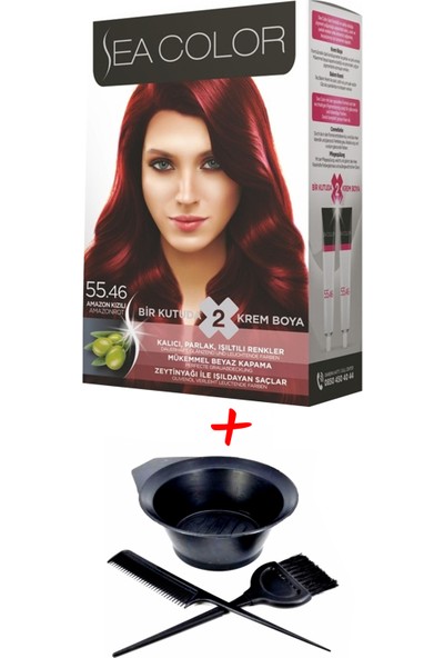 Sea Color Krem Saç Boyası 55.46 Amazon Kızılı 2 Tüplü Set + Boyama Seti