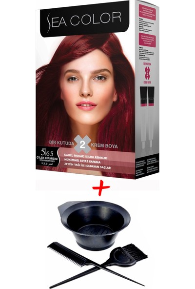Sea Color Krem Saç Boyası 5.65 Çilek Kırmızısı 2 Tüplü Set + Boyama Seti
