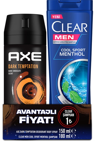 Axe Dark Temptation Erkek Deodorant Sprey 150 ml + Clear Men Şampuan Cool Sport 180 ml Set