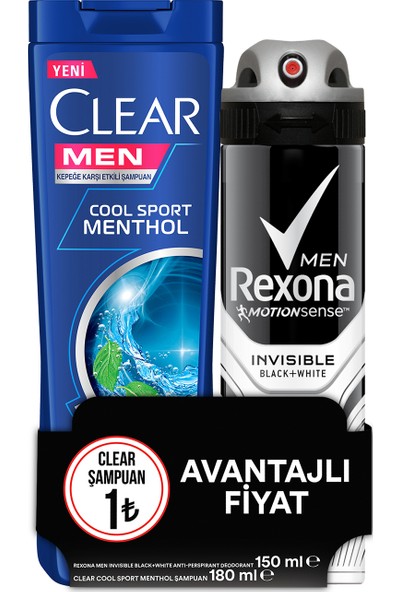 Clear Men Cool Sport Menthol Şampuan 180 ML + Rexona Men Invisible Black+White Deodorant Sprey 150 ML 2'li Set