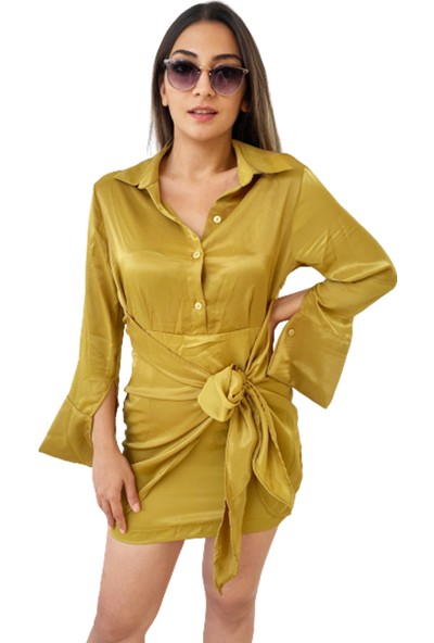 Ello Kadın Saten Yeşil Beli Bağcıklı Elbise