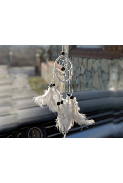 Miamantra Araba Süsü Tüylü Beyaz Mini Rüya Kapanı / Düş Kapanı / Dreamcatcher - 6 cm