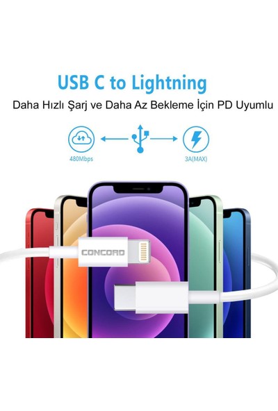Eldest Concord USB Type-C To Lightning 3A Hızlı Pd iphone Ipad Şarj Aleti Kablosu