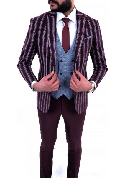 Kombinli Slimfit Yelekli Takım Elbise