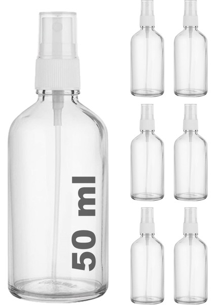 50 cc Şeffaf Sprey Kapaklı 50 ml Beyaz Fısfıs Kolonya Dezenfektan Cam Şişe 6 Adet