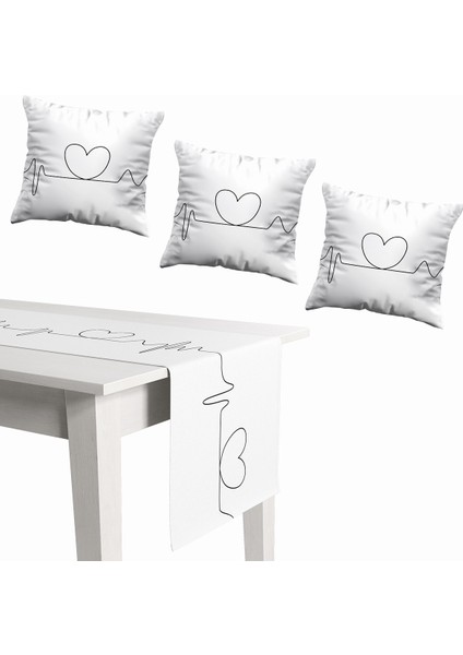Kırlent Runner Set Çift Tarafı Baskılı Kırlent Kılıfı 3 Lü 45X45 cm Runner 40X140 cm Set