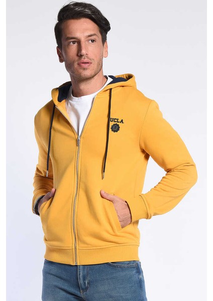 HILGARD Sarı Kapüşonlu ve Fermuarlı Baskılı Standard Fit Erkek Sweatshirt